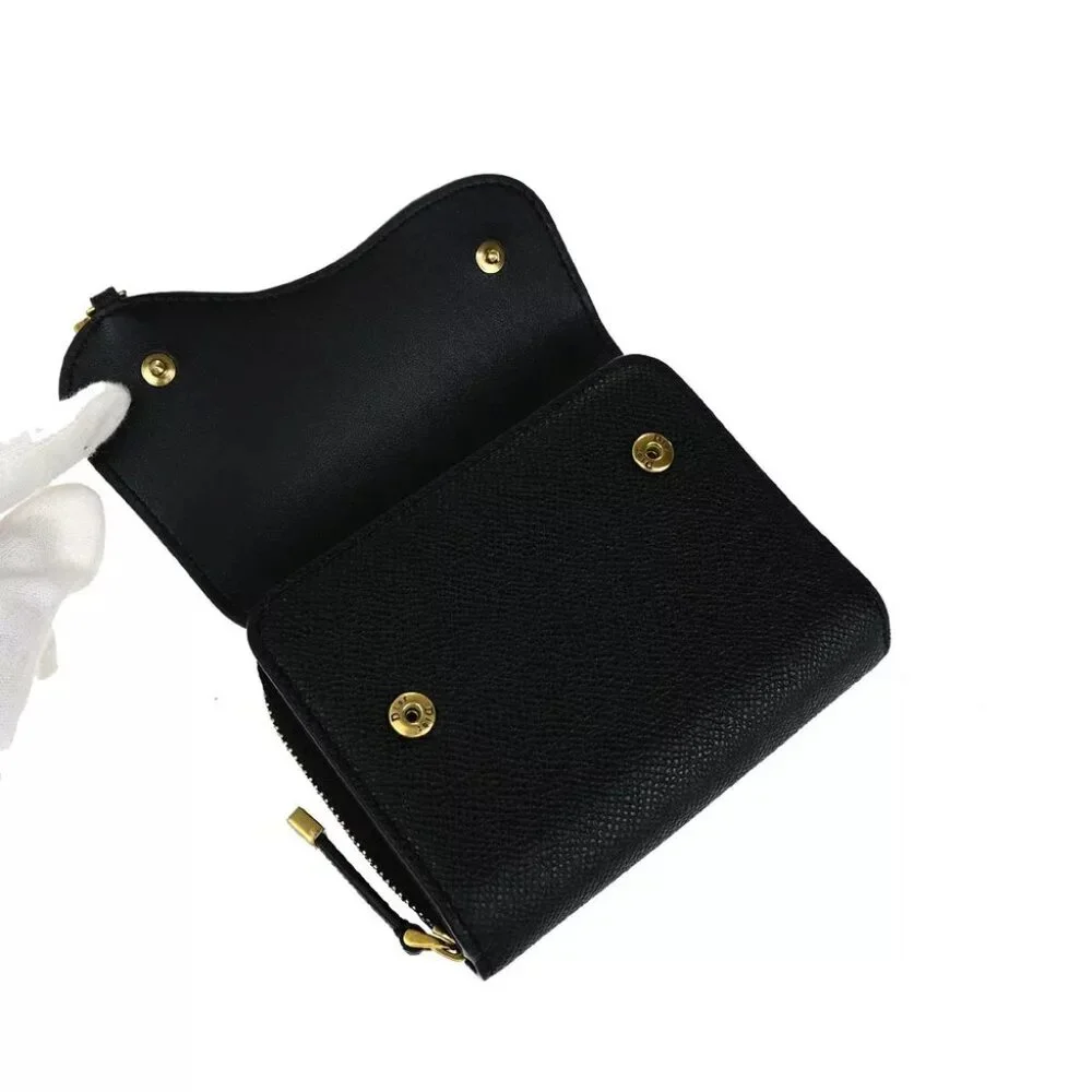 CHRISTIAN DIOR Logo Saddle Trifold Wallet Purse Leather Black